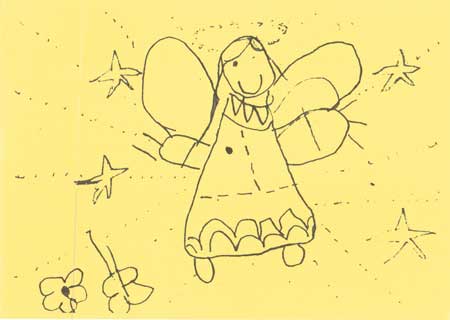school childs drawing of an angel on yellow
