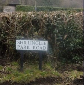 Road sign at Whites Hill reads Shillinglee Park Road