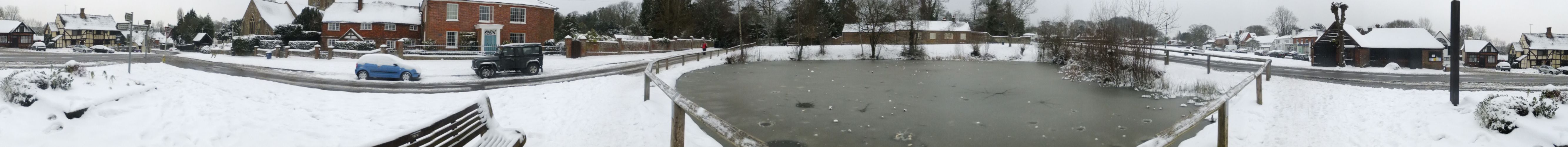 360° view of Chiddingfold Village Pond  with ice and snow and surround area